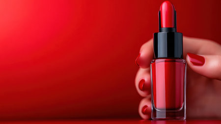 Red nail polish bottle held by manicured hand against a vibrant red background, AIの素材