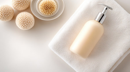 Cream-colored lotion bottle on a soft white towel with bath accessories, AIの素材