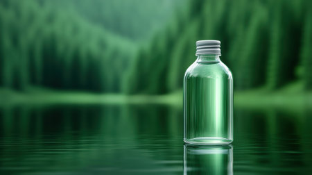 Clear bottle floating on a serene forest lake, reflecting lush greenery, AIの素材