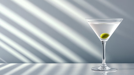 Martini glass with olive casting shadows on a sleek surface, AIの素材