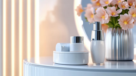 Elegant skincare products on a vanity with soft pink flowers in the background, AIの素材