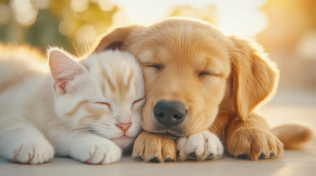 Golden puppy and white kitten snuggle together in warm sunlight, exuding pure serenity, AIの素材