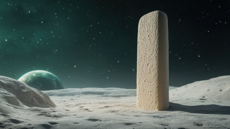 A mysterious monolith stands on a moonlit alien landscape under a starry sky, AIの素材