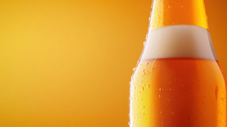 Chilled beer bottle with frothy top against a vibrant orange background, AIの素材