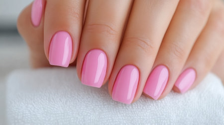 Pink manicured nails on a white towel showcase elegance and style, AIの素材