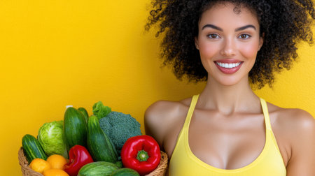 Smiling woman holding a basket of fresh vegetables against a vibrant yellow background, AIの素材