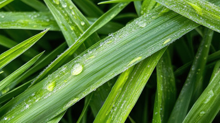 Dew-kissed green leaves glisten in the morning light, showcasing natures freshness, AIの素材