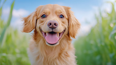 Golden retriever smiling in a lush green field under a clear blue sky, AIの素材