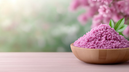 Pink bath salts in a wooden bowl with a floral background create a serene spa vibe, AIの素材