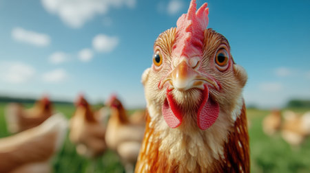 Curious chicken in a sunny field with a blue sky backdrop, AIの素材