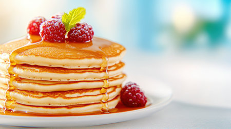 Stack of fluffy pancakes topped with raspberries and drizzled with syrup, AIの素材