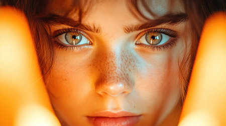 Close-up of a woman with captivating eyes illuminated by warm light, AIの素材