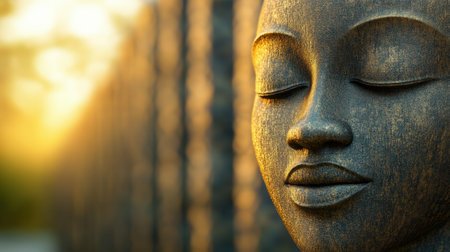 Serene Buddha statue with closed eyes in golden sunset light, AIの素材