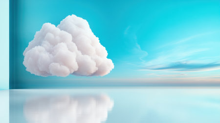 Fluffy cloud floats in serene, reflective space under a bright blue sky, AIの素材