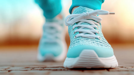 Turquoise sneakers on a cobblestone path, ready for an invigorating morning run, AIの素材