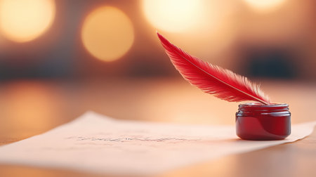 A red feather quill rests in an ink pot beside a handwritten letter, AIの素材