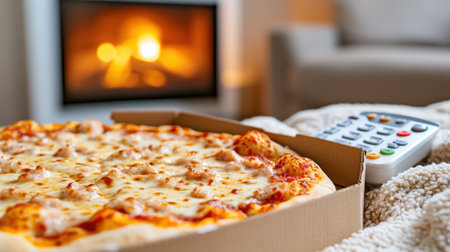 Cheesy pizza in a box sits on a cozy blanket near a remote, with a warm fire in the background, AIの素材