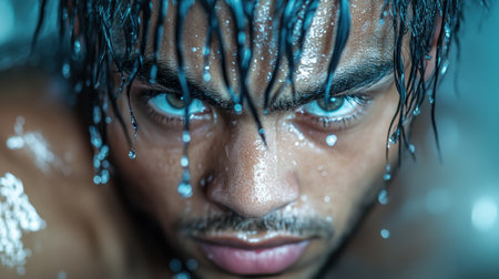 Intense gaze of a man with water droplets on his face and wet hair, AIの素材