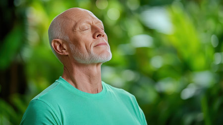 Elderly man enjoying a peaceful moment in a lush green garden, AIの素材