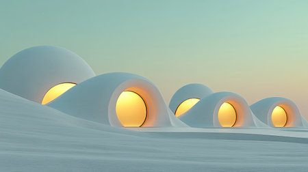 Futuristic domes glow warmly against a serene desert backdrop at sunset, AIの素材