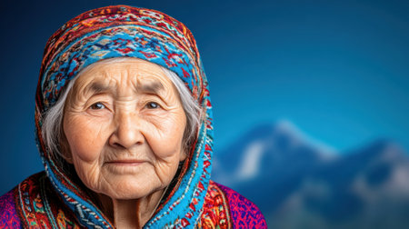 Elderly woman in colorful traditional attire with a serene mountain backdrop, AIの素材