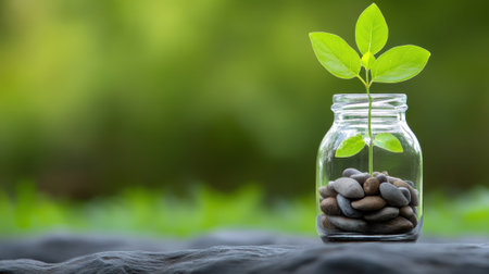 Young plant in a jar with pebbles symbolizes growth and sustainability, AIの素材