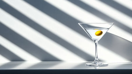 Martini glass with olive in dramatic striped light, AIの素材