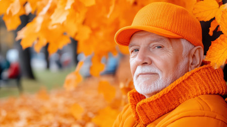 Elderly man in vibrant orange attire amidst autumn foliage, AIの素材