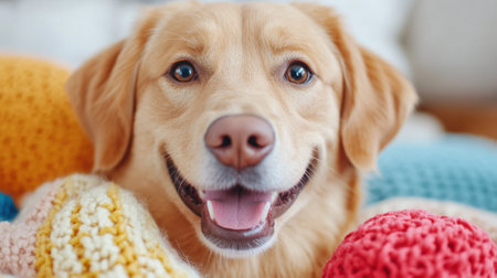 Golden retriever smiling among colorful knitted blankets, AIの素材