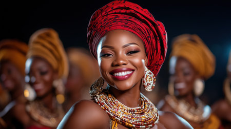 African woman in vibrant traditional attire, smiling radiantly, AIの素材