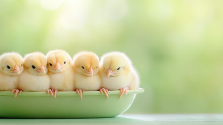 Five fluffy chicks sit adorably in a green dish against a soft, blurred background, AIの素材