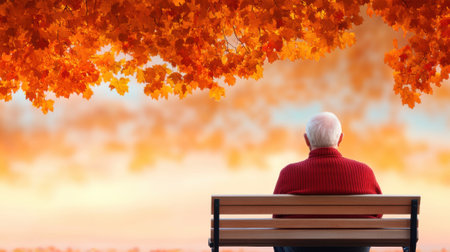 Elderly man in red sweater sits on a bench, admiring vibrant autumn foliage, AIの素材