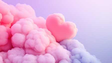 Heart-shaped cloud amidst pink and purple fluffy clouds in a dreamy sky, AIの素材