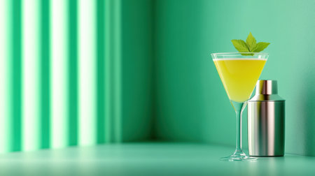 Vibrant green cocktail with mint garnish beside a sleek shaker, AIの素材