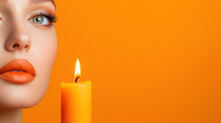 Woman with orange lipstick and candle against vibrant orange background, AIの素材