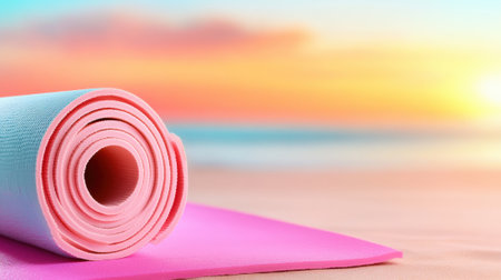 Yoga mat on a serene beach at sunrise, inviting a peaceful morning practice, AIの素材