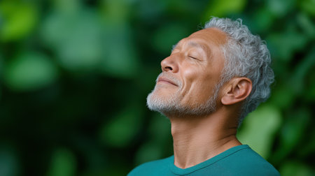 Elderly man enjoying a peaceful moment in nature with eyes closed, AIの素材