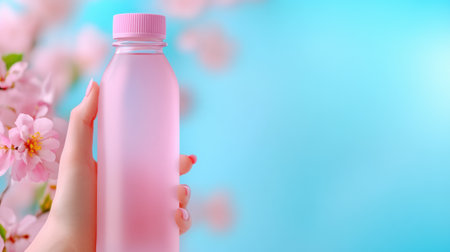Hand holding a pink bottle against a vibrant blue background with cherry blossoms, AIの素材