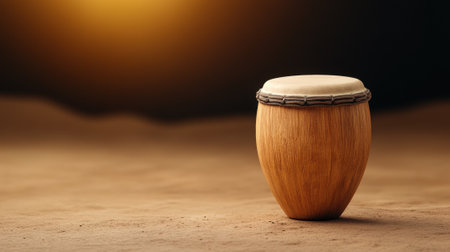 Wooden drum on sandy surface under warm, ambient lighting, AIの素材