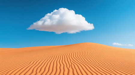 A solitary cloud floats above rippled desert dunes under a clear blue sky, AIの素材