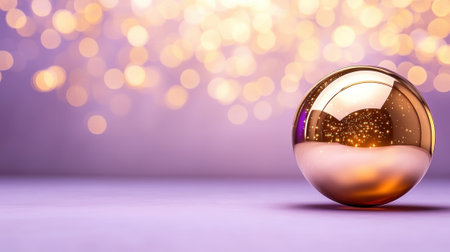 Golden sphere reflecting warm bokeh lights on a soft purple surface, AIの素材