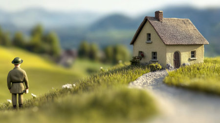 A miniature soldier approaches a quaint countryside cottage on a sunny day, AIの素材