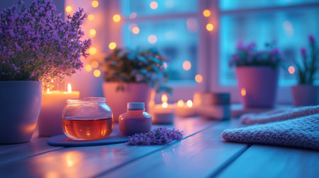 Cozy evening scene with candles and lavender on a wooden table, AIの素材