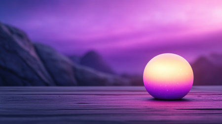 Glowing orb on a wooden surface against a purple twilight sky, AIの素材
