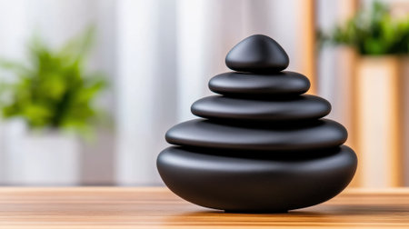 Smooth black stones stacked in a serene, minimalist setting, AIの素材
