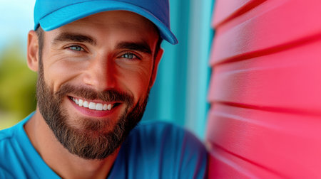 Smiling man in blue cap and shirt against vibrant red wall, AIの素材