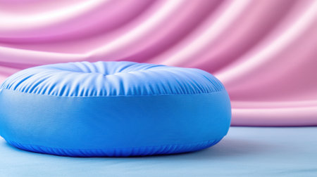 Plush blue cushion against a soft pink draped background, AIの素材