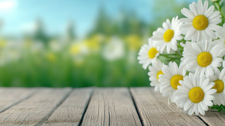 A bouquet of daisies rests on a wooden table against a blurred green and yellow background, AIの素材
