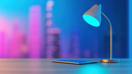 Modern desk lamp casting a blue glow beside a tablet on a wooden surface, AIの素材