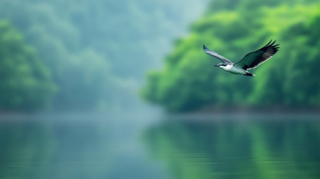 Bird gracefully soars over a tranquil lake surrounded by lush greenery, AIの素材